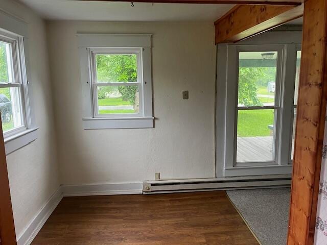 unfurnished room with dark wood-type flooring and a baseboard radiator