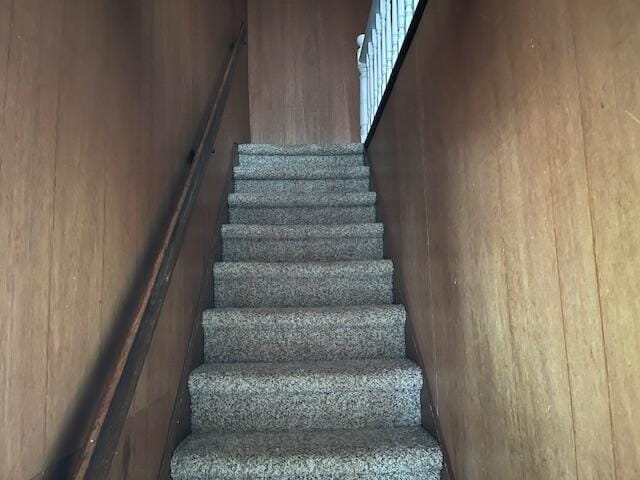 stairs featuring wood walls