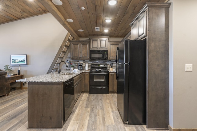 kitchen with wood ceiling, sink, tasteful backsplash, black appliances, and light wood-type flooring