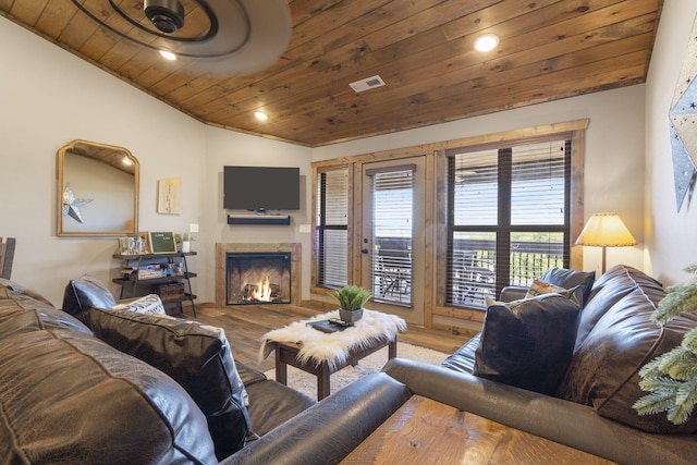 living room with lofted ceiling, wood-type flooring, and wooden ceiling