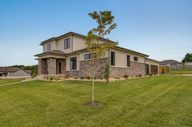 2153 E Will St, Republic, MO 65738 - view of front of home with stone siding, an attached garage, a front lawn, and fence