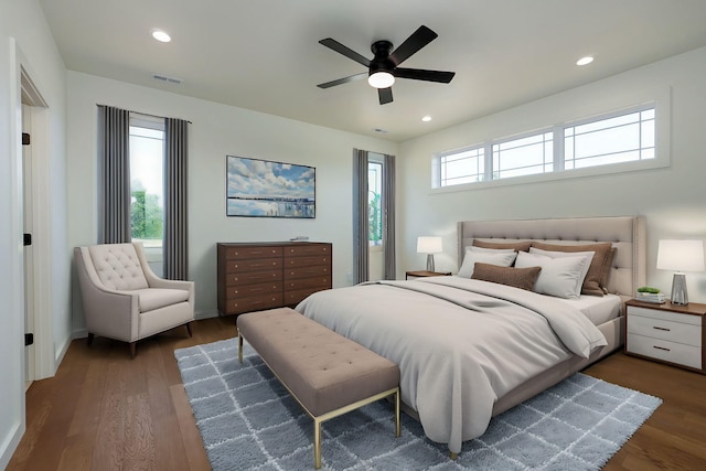 bedroom featuring ceiling fan and dark hardwood / wood-style floors