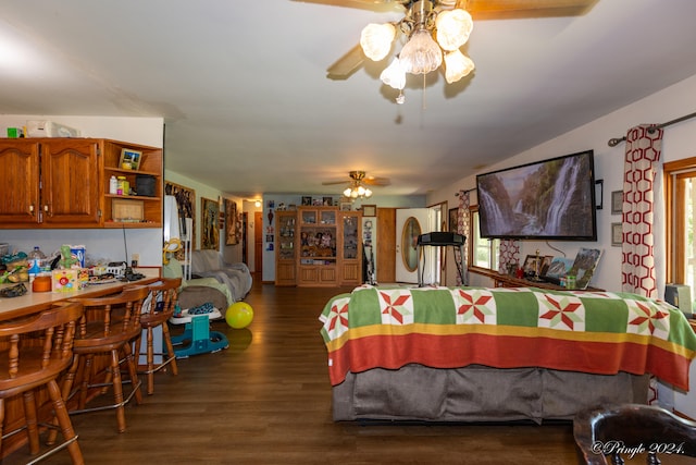 interior space featuring ceiling fan and dark wood-type flooring