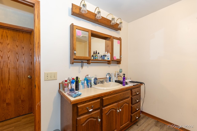 bathroom with hardwood / wood-style flooring and vanity