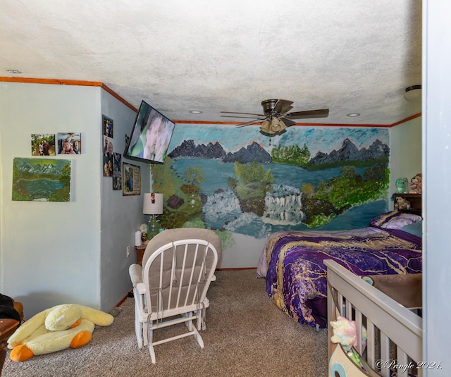 carpeted bedroom featuring ornamental molding, a textured ceiling, and ceiling fan