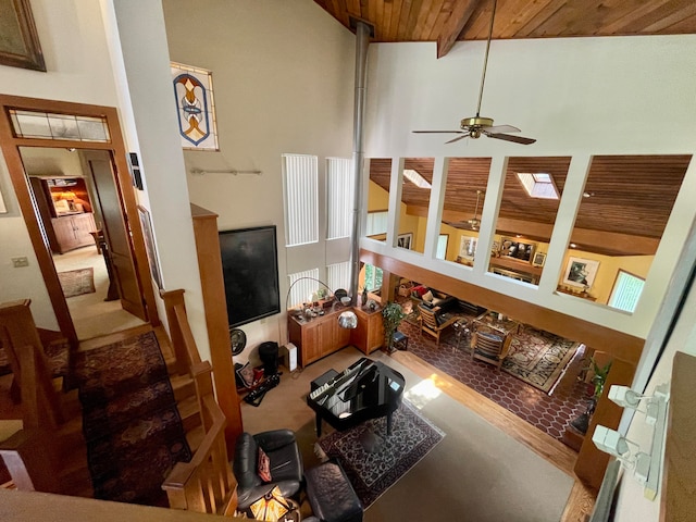 living room featuring high vaulted ceiling, a skylight, and wood ceiling