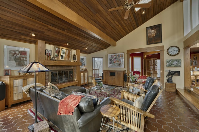 living room with wooden ceiling, lofted ceiling, and ceiling fan