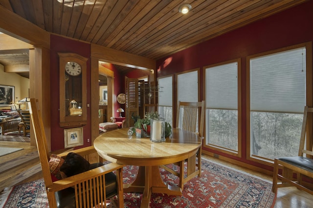 sunroom featuring wooden ceiling