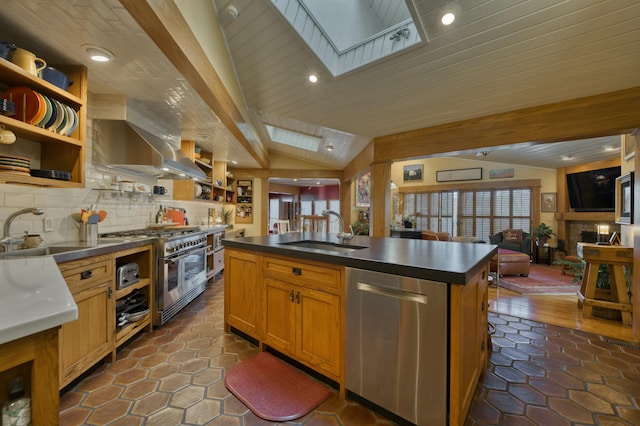 kitchen with sink, a center island with sink, stainless steel appliances, and vaulted ceiling with skylight