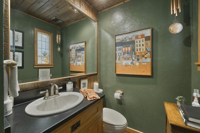 bathroom with toilet, wooden ceiling, and vanity