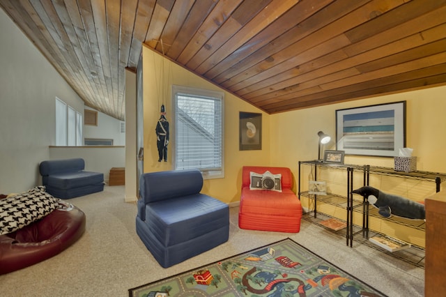 sitting room with wooden ceiling, lofted ceiling, and carpet floors