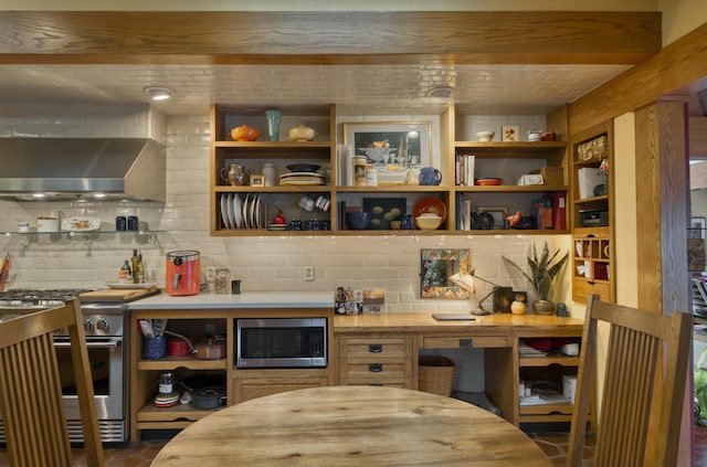 bar featuring stainless steel appliances, tasteful backsplash, and wall chimney range hood