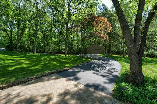 view of property's community with a yard and an outdoor structure