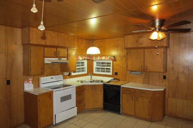 kitchen featuring white electric range oven, a sink, wooden walls, dishwasher, and under cabinet range hood
