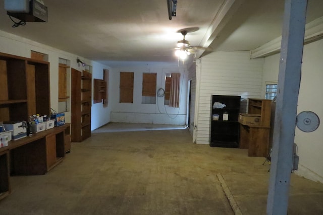 basement with ceiling fan