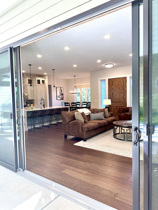 living room with sink and wood-type flooring