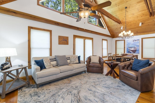 living room with light wood-type flooring, beamed ceiling, high vaulted ceiling, wood ceiling, and ceiling fan with notable chandelier