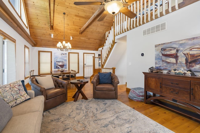 living room featuring beamed ceiling, wood-type flooring, ceiling fan with notable chandelier, wooden ceiling, and high vaulted ceiling