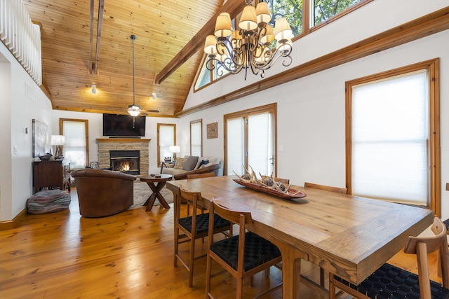 dining room featuring high vaulted ceiling, hardwood / wood-style floors, wooden ceiling, a fireplace, and beam ceiling