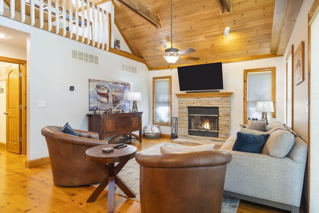 living room with ceiling fan, wood ceiling, a stone fireplace, high vaulted ceiling, and hardwood / wood-style floors