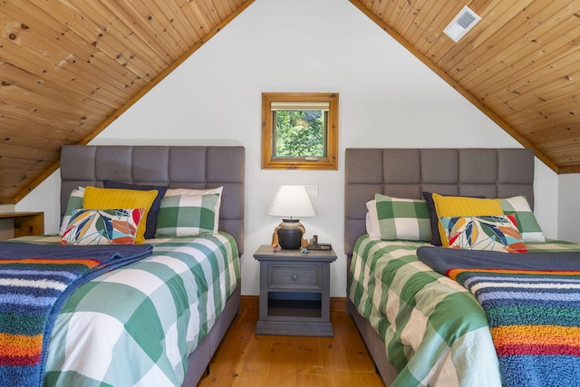 bedroom featuring lofted ceiling, hardwood / wood-style floors, and wood ceiling