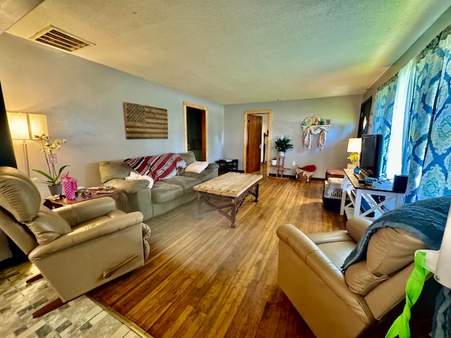 living room with a textured ceiling and light hardwood / wood-style flooring