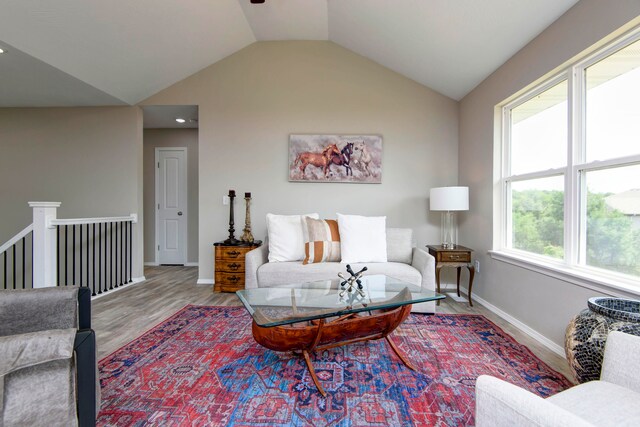 living room with hardwood / wood-style floors, a healthy amount of sunlight, and lofted ceiling