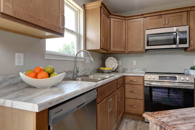 kitchen featuring stainless steel appliances, sink, and light hardwood / wood-style flooring