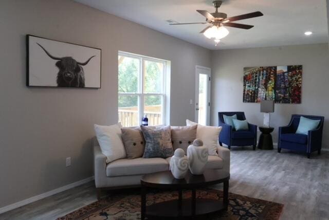 living room with wood-type flooring and ceiling fan