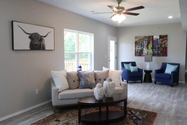 living room with wood-type flooring and ceiling fan