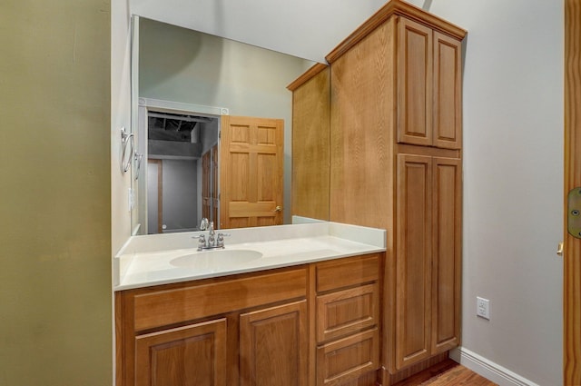 bathroom with hardwood / wood-style flooring and vanity