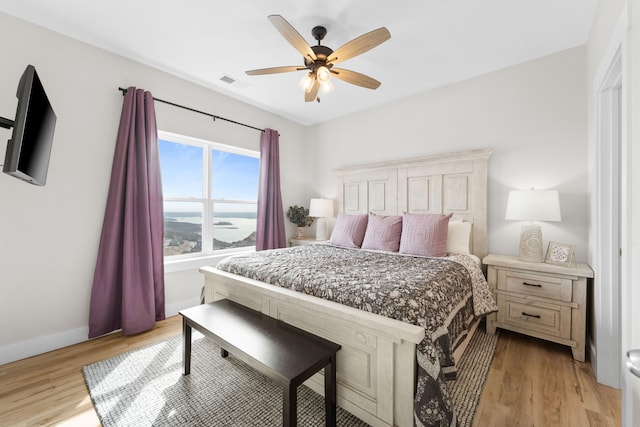 bedroom featuring ceiling fan and light hardwood / wood-style floors