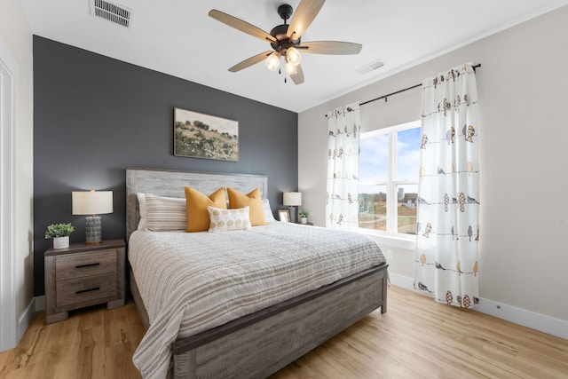 bedroom featuring ceiling fan and light hardwood / wood-style floors