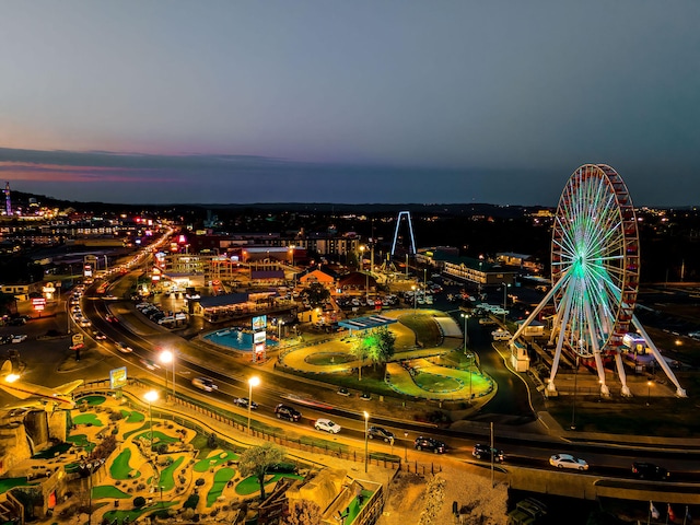 view of aerial view at dusk