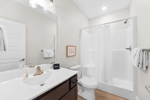 bathroom featuring vanity, toilet, wood-type flooring, and a shower with curtain