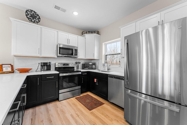 kitchen featuring sink, backsplash, white cabinetry, appliances with stainless steel finishes, and light wood-type flooring