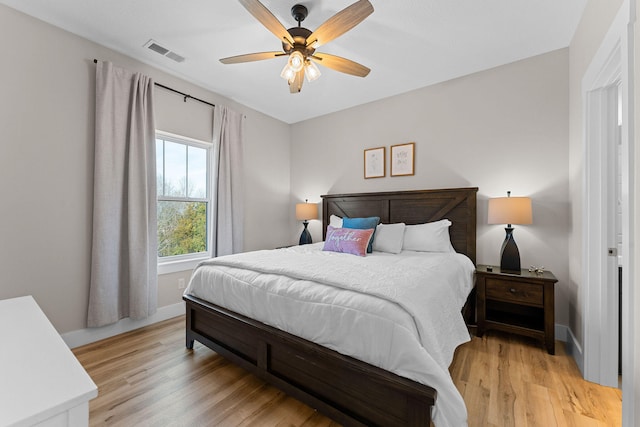 bedroom with ceiling fan and light wood-type flooring