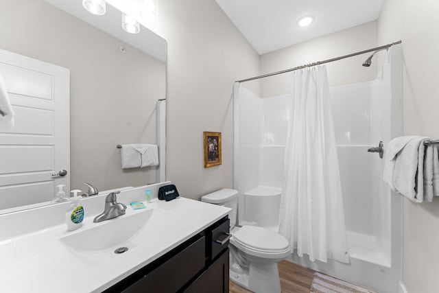 bathroom featuring wood-type flooring, vanity, toilet, and a shower with shower curtain