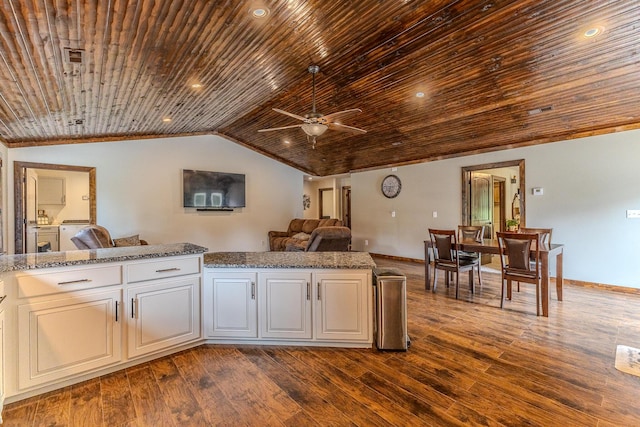 7084 Logan Rd, Hartville, MO 65667 - kitchen with washing machine and clothes dryer, dark wood-style floors, lofted ceiling, a ceiling fan, and wood ceiling