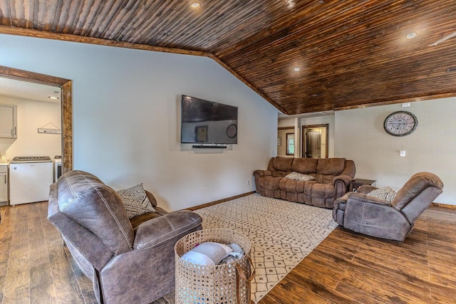 7084 Logan Rd, Hartville, MO 65667 - living area with washing machine and clothes dryer, vaulted ceiling, baseboards, wood ceiling, and hardwood / wood-style flooring