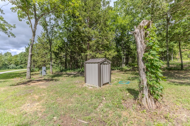 view of yard featuring a storage shed