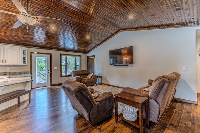 living room featuring ceiling fan, vaulted ceiling, dark hardwood / wood-style flooring, and wooden ceiling