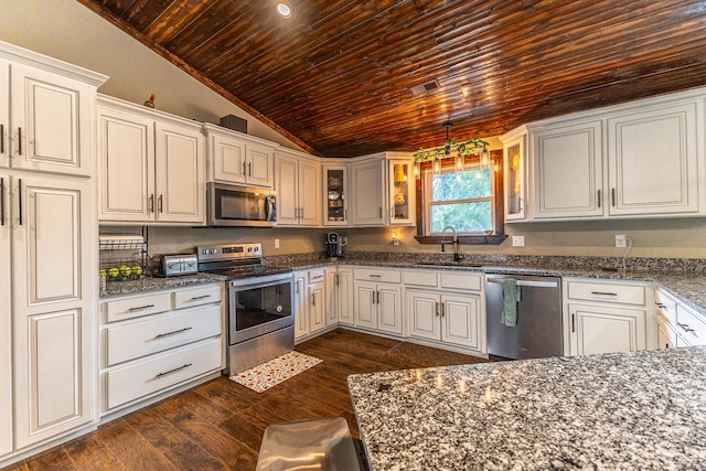 kitchen with wooden ceiling, sink, lofted ceiling, dark hardwood / wood-style floors, and appliances with stainless steel finishes