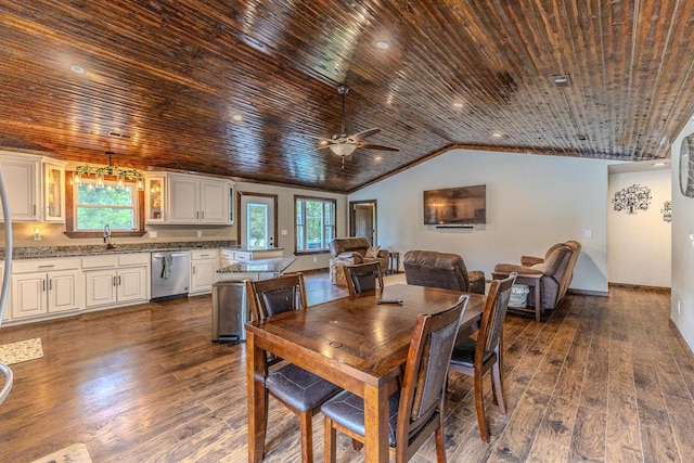 7084 Logan Rd, Hartville, MO 65667 - dining space with lofted ceiling, a ceiling fan, dark wood-style floors, and wooden ceiling