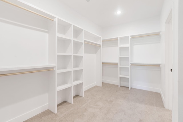 walk in closet with light carpet