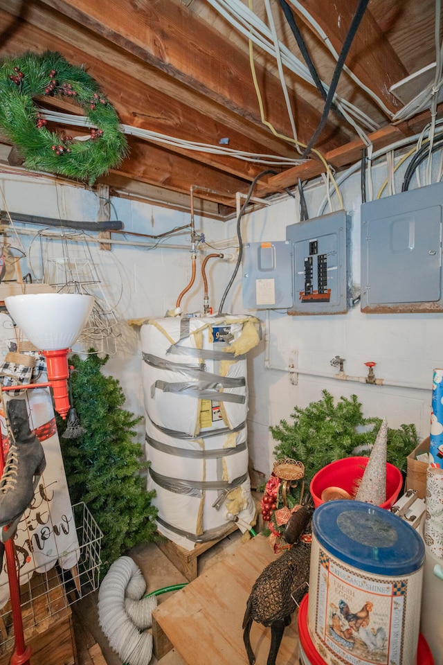 utility room featuring electric panel and gas water heater