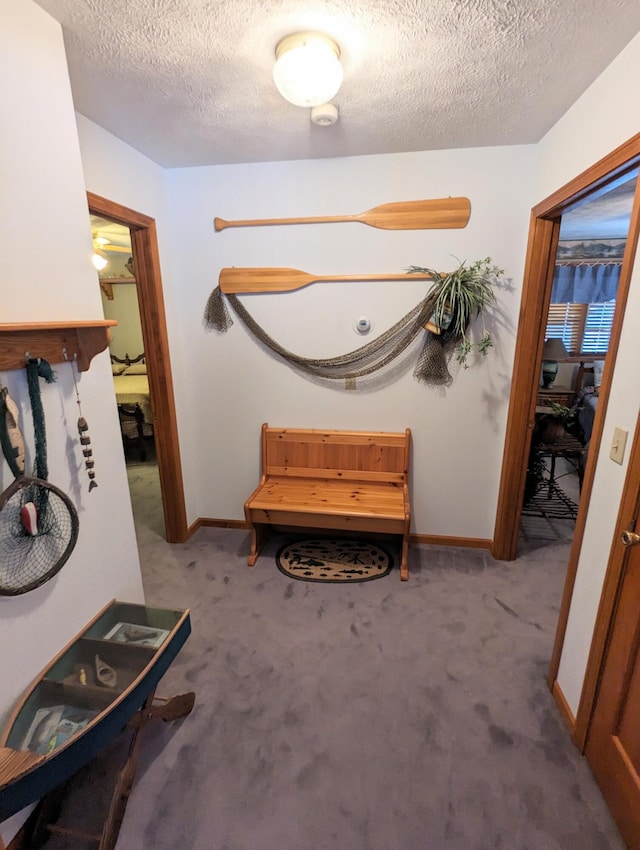 corridor with baseboards, a textured ceiling, and carpet