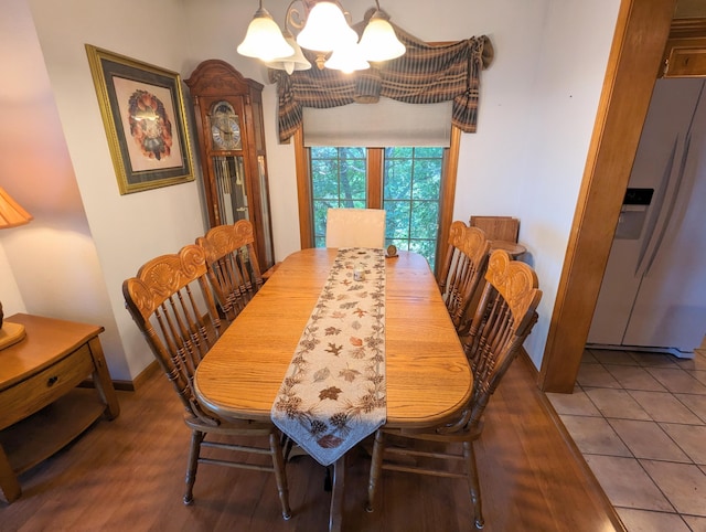 dining space with a chandelier and wood-type flooring