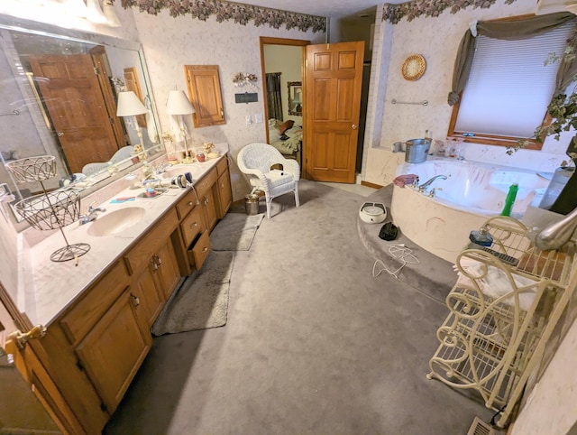 full bath featuring wallpapered walls, a garden tub, vanity, and a stall shower