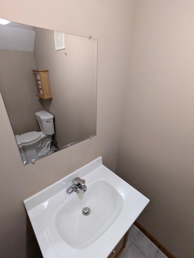 bathroom with tile patterned flooring, toilet, and vanity